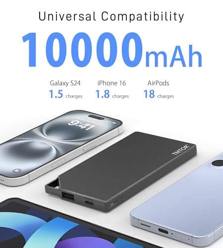 TNTOR Batterie Externe 10000mAh Gris Clair - Ultra-Mince et Grande Capacité pour iPhone, Samsung et Huawei - Rapidement
