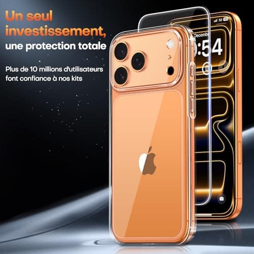 Coque pour iPhone 17 Pro Max avec Verre Trempé, Protection Totale de la Caméra, Protection Militaire - Transparent Globa